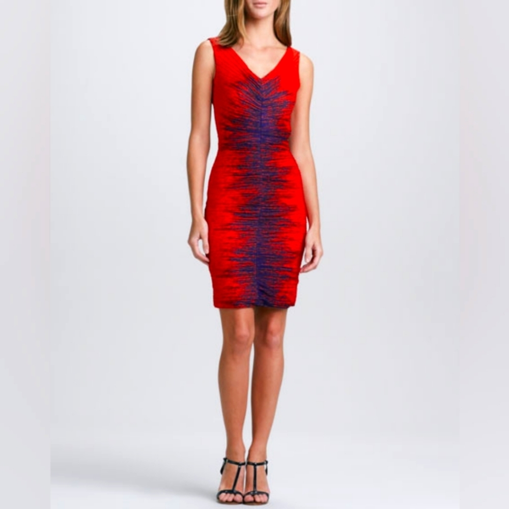 HALSTON Heritage Red Striped Sleeveless V Neck Sheath Mini Dress Size 10